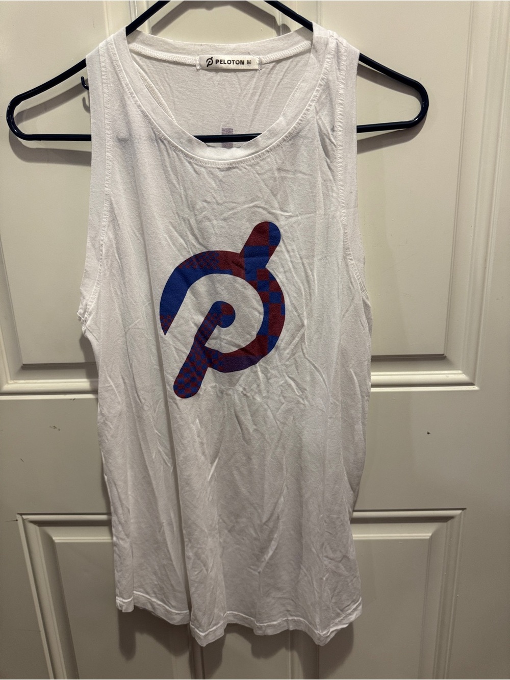 Peloton White Tank Top with Blue and Red Logo Tencel Lyocell Cotton Blend Size M